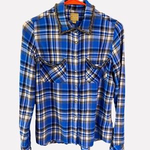 Guess Embellished Collar And Pocket Blue White Plaid Shirt